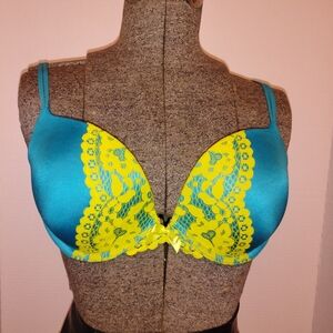 Victoria's Secret Dream Angel Pushup Bra Turquoise With Yellow Lace 34D